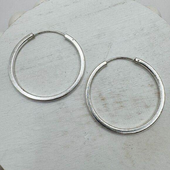Sterling Silver Hoop Earrings MinimalSquare Lightweight Full Circle 1.25” - Picture 2 of 6